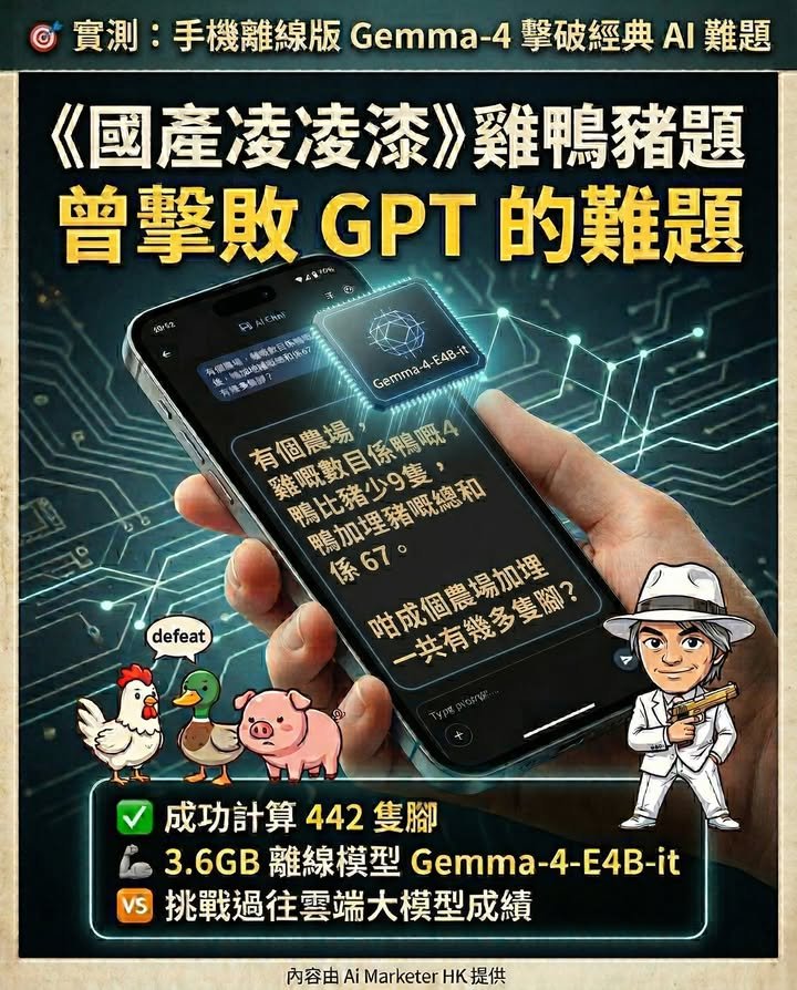 答啱的《國產凌凌漆》雞鴨豬題，今日竟然被手機離線版 Gemma 4 解到
