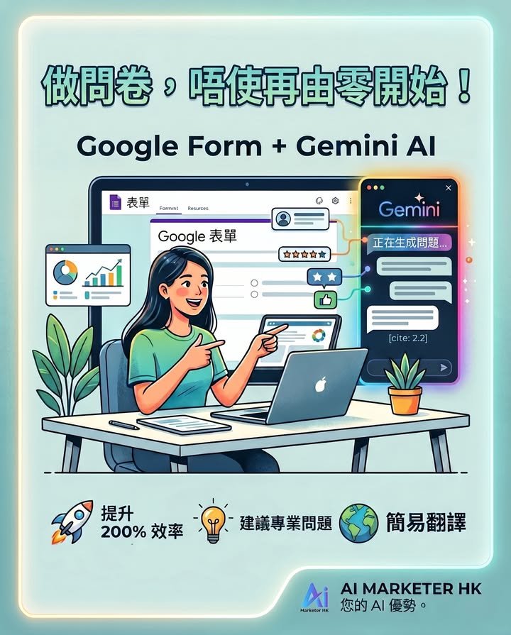 以前整問卷，最頭痛就係諗欄位、諗問題。而家 Google 表單 (Google Forms) 已經正式喺香港開通 Gemini 功能，只要你識得「開口」，AI...