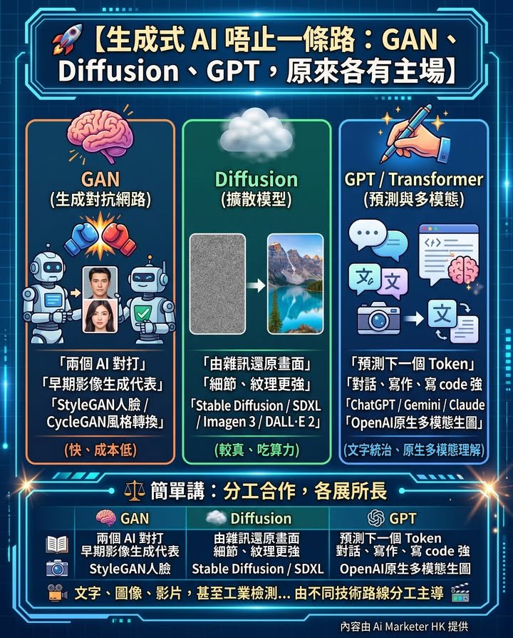 🚀【生成式 AI 唔止一條路：GAN、Diffusion、GPT，原來各有主場】
