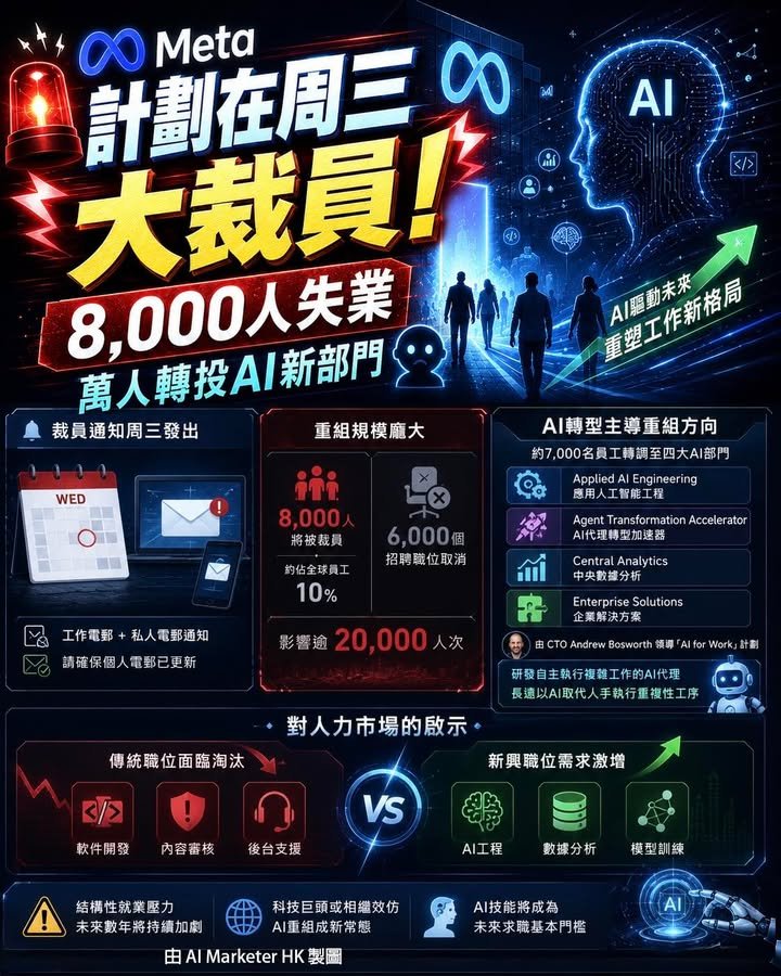 Meta計劃在周三大裁員：8,000人失業，萬人轉投AI新部門 🚨