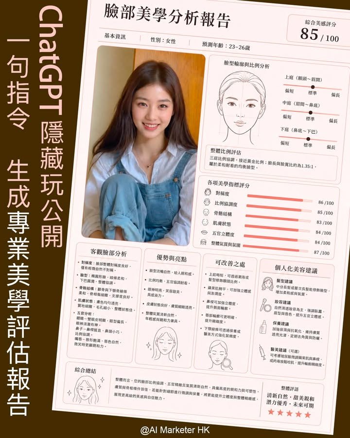 🤖 ChatGPT隱藏新玩法！即生成「臉部美學評估」💡AI幫你拆解五官骨骼皮膚！你只需上傳一張照片