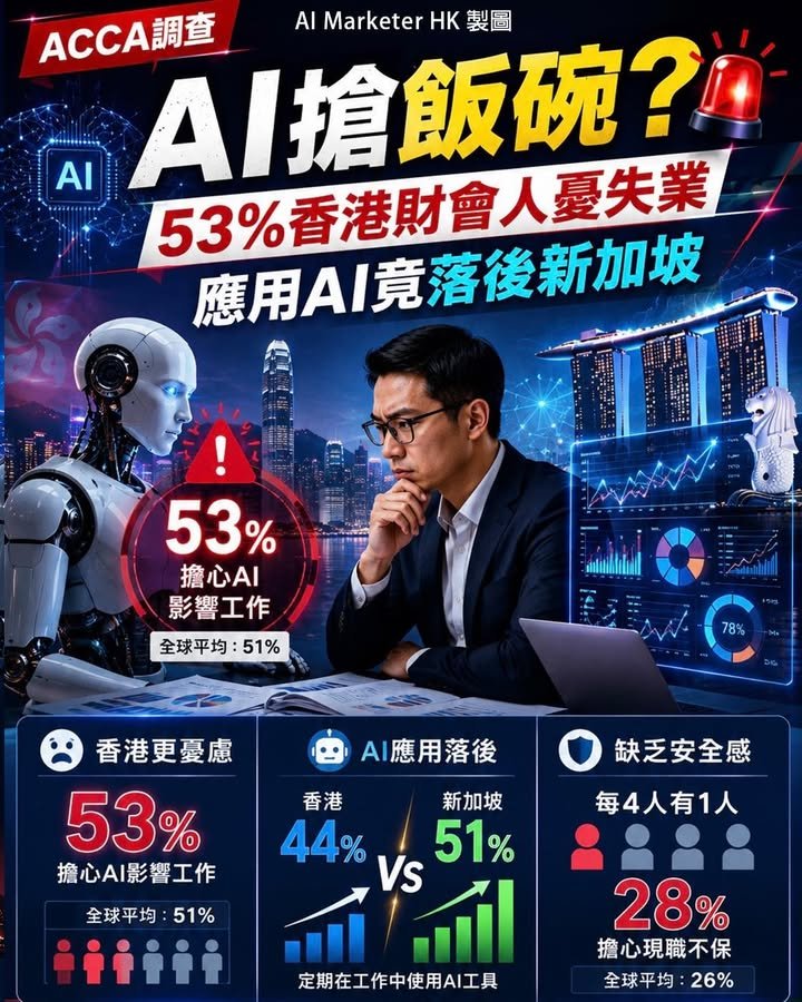 ACCA調查：53%香港財會人憂AI搶位 每4人有1人對現職無安全感　應用比率更落後新加坡