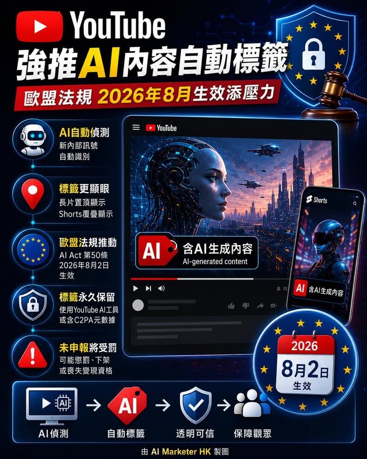 YouTube強推AI內容自動標籤 歐盟法規2026年8月生效添壓力
