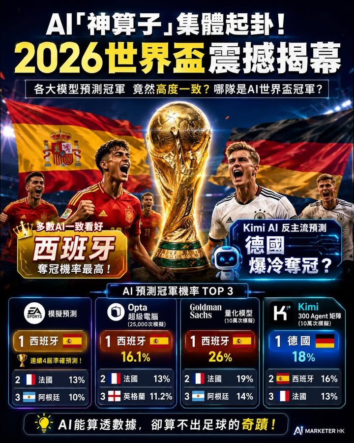 AI「神算子」集體起卦！ 2026世界盃震撼揭幕 各大模型預測冠軍 竟然高度一致？哪隊是AI預測世界盃冠軍？