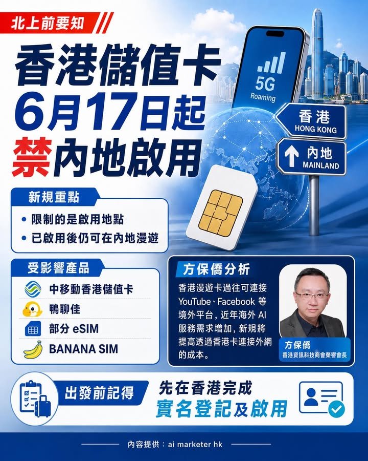 📱【北上前記得先開卡：香港儲值卡 6月17日起禁內地啟用】