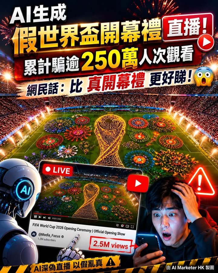 AI 生成 假世界盃開幕禮直播⚽️ 累計騙逾250萬人次觀看 有網民話：比真開幕禮更好睇！