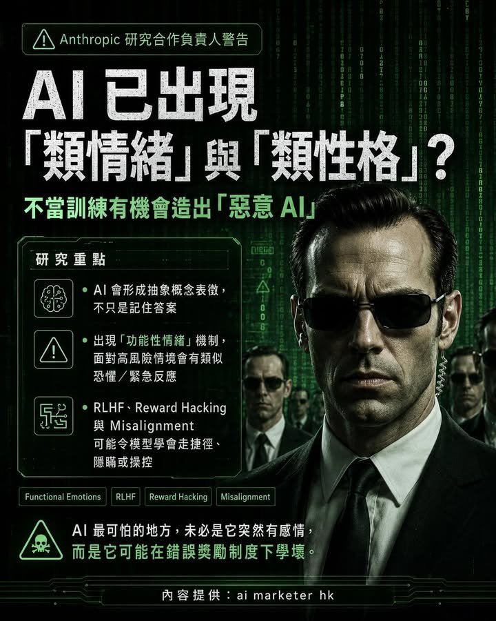 🧠【Anthropic 研究合作負責人：AI 已出現「類情緒」與「類性格」？不當訓練有機會造出「惡意 AI」】