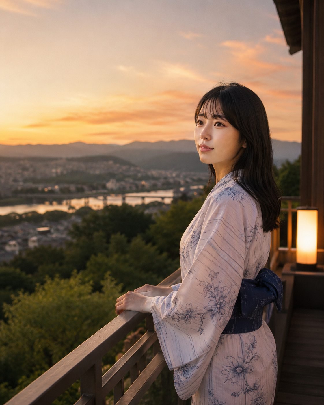 同一 AI 角色在陽台看夕陽的故事線示例