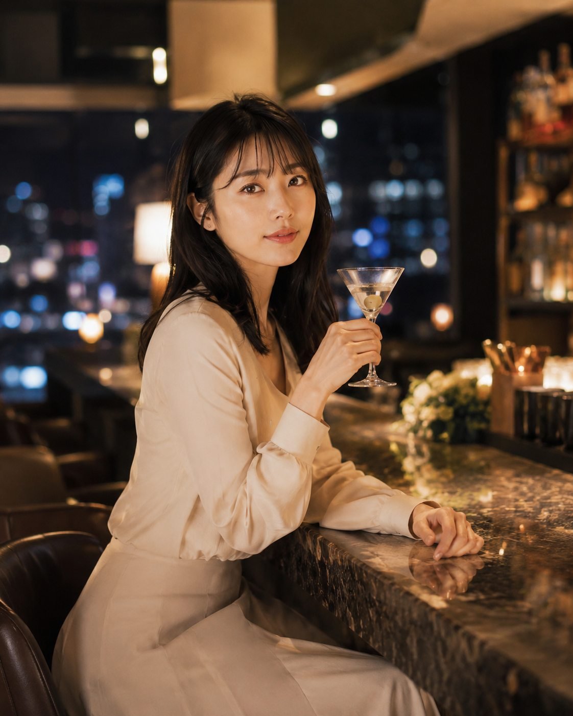 同一 AI 角色在夜景酒吧的故事線示例