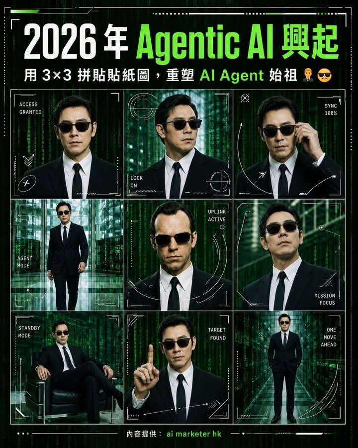 🕶️【2026 年 Agentic AI 興起｜用 3×3 拼貼貼紙圖，重塑 AI Agent 始祖 Agent Smith】