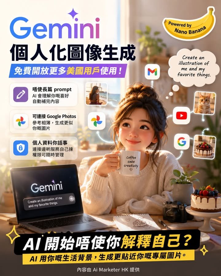 🍌【Gemini 個人化圖片生成免費開放：AI 開始唔使你解釋自己？】