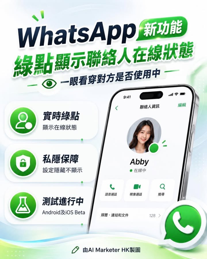 📱 WhatsApp新功能　綠點顯示聯絡人在線狀態　一眼看穿對方是否使用中