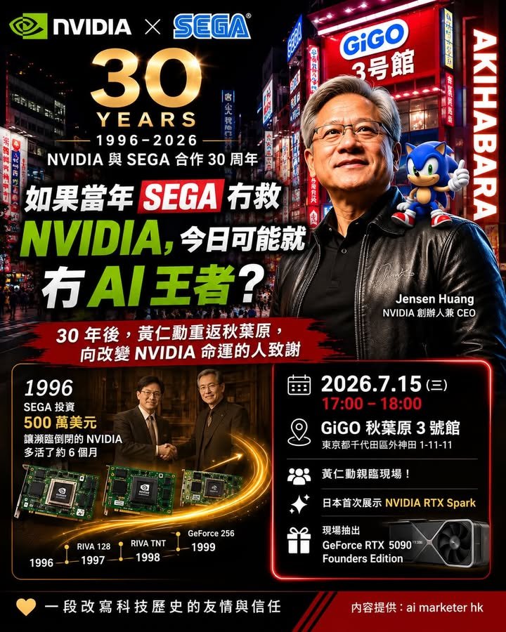 🚀【如果當年 SEGA 冇救 NVIDIA，今日可能就冇 AI 王者？】 事隔 30 年，黃仁勳將親赴秋葉原，向當年伸出援手的 SEGA 致謝。