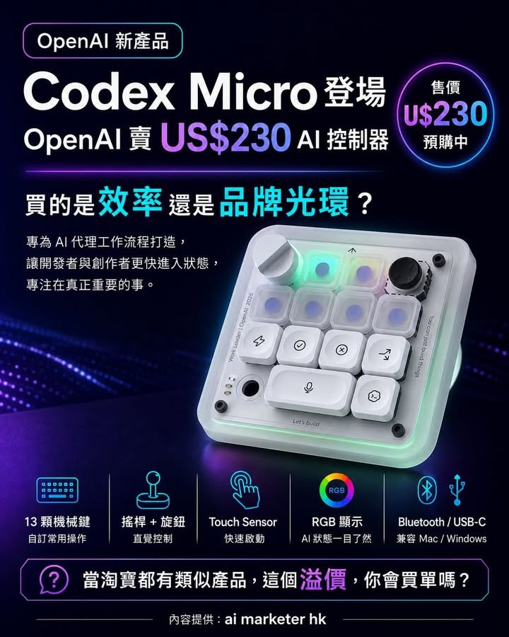 🚀【Codex Micro 登場｜OpenAI 賣 US$230 AI 控制器，買的是效率還是品牌光環？】
