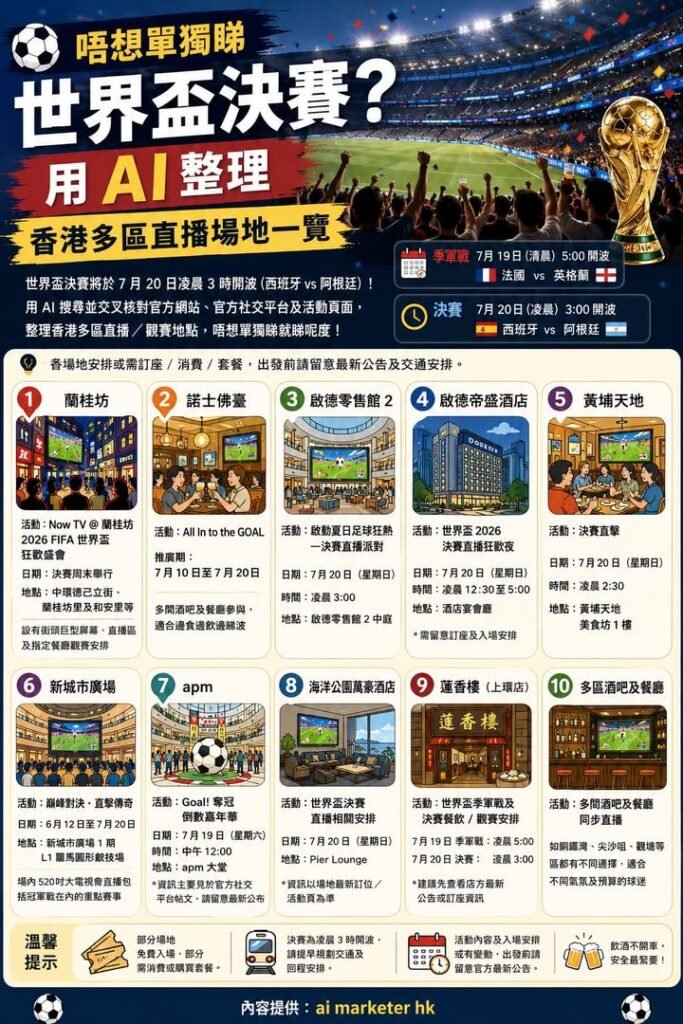 ⚽【唔想單獨睇世界盃決賽?用AI 整理香港多區直播場地】