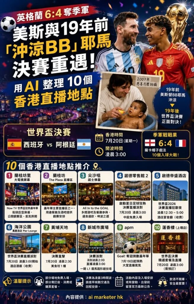 ⚽【英格蘭6:4奪季軍|美斯與19年前「沖涼BB」耶馬決賽重遇|用 AI 整理10個香港直播地點】