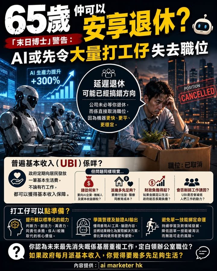 🤖【65歲仲可以安享退休？「末日博士」警告：AI或先令大量打工仔失去職位】