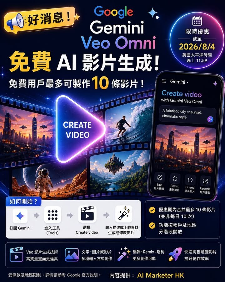 🚀【好消息!Google 限時開放 Gemini Veo Omni 免費 AI 影片生成|免費用戶最多可製作 10 條影片!】