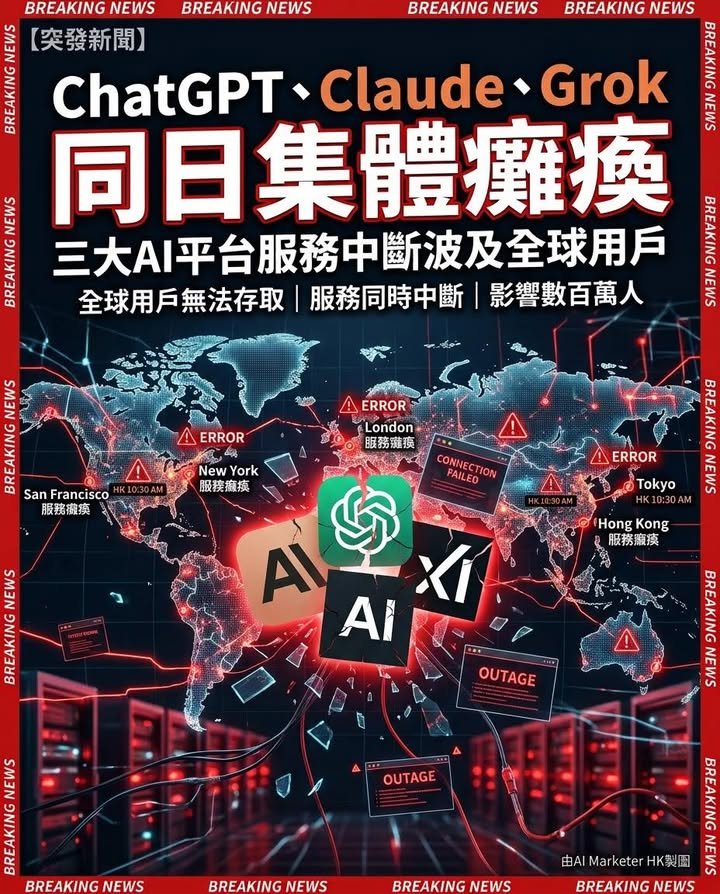 ChatGPT、Claude與Grok同日集體癱瘓！ 三大AI平台服務中斷波及全球用戶 罕見同步當機惹雲端基建憂慮