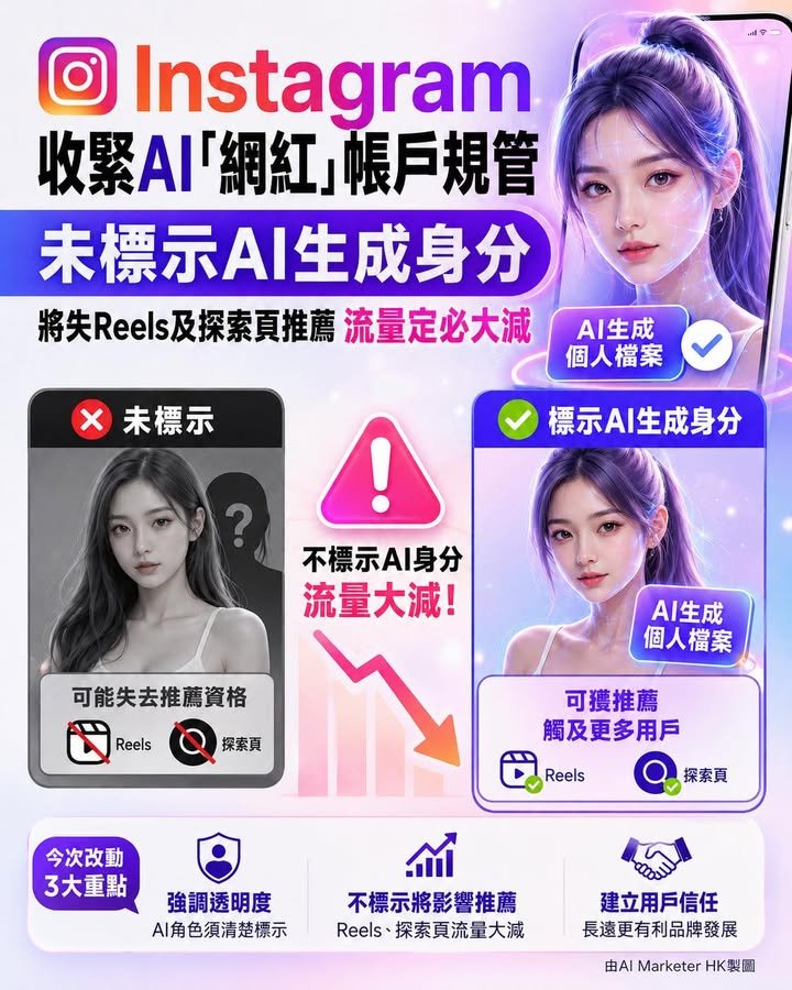 Instagram收緊AI「網紅」帳戶規管 未標示AI生成身分 將失Reels及探索頁推薦 流量定必大減