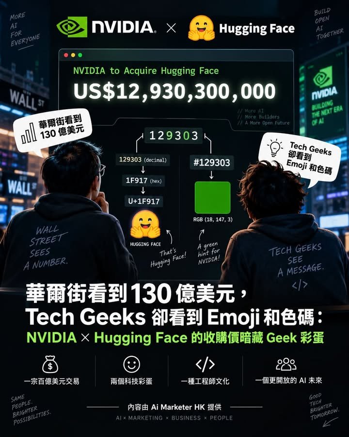 💻【華爾街看到 130 億美元，Tech Geeks 卻看到 Emoji 和色碼：NVIDIA × Hugging Face 的收購價暗藏 Geek 彩蛋】