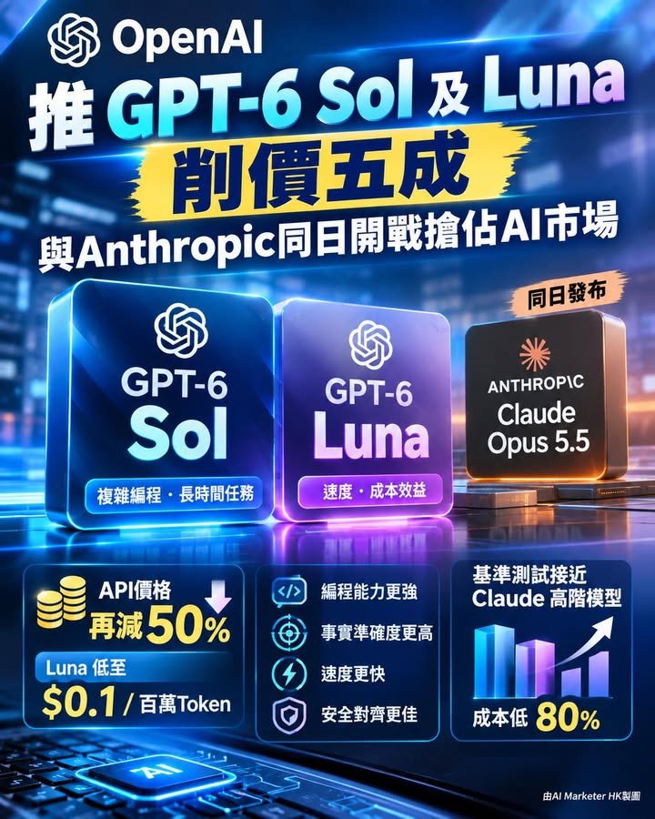 OpenAI推GPT-6 Sol及Luna減價五成 與Anthropic Opus 5.5 同日開戰搶佔AI市場