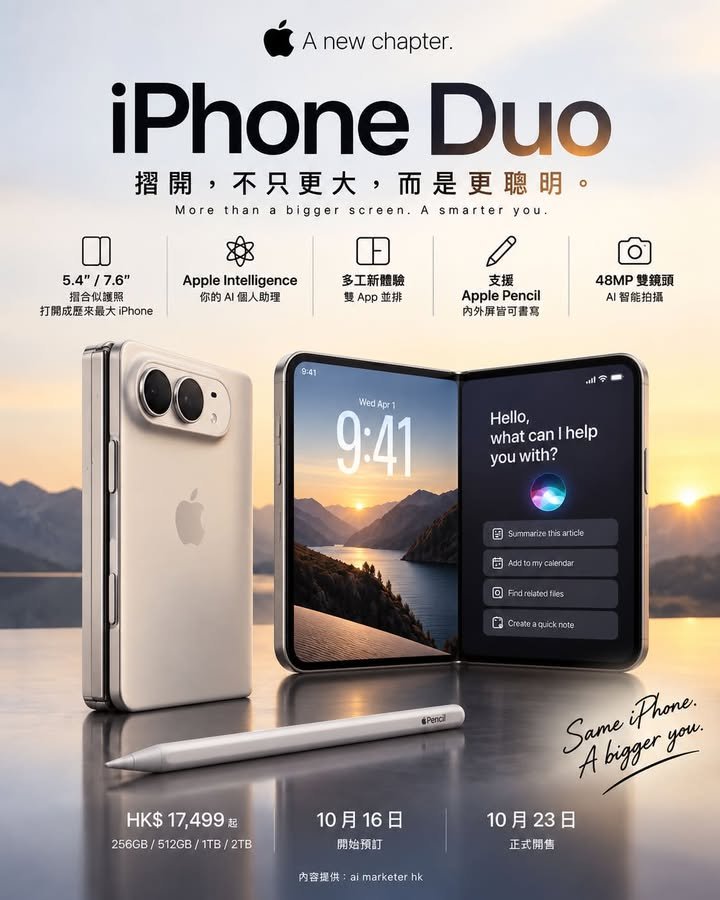 📱🤖【Apple 首款摺機 iPhone Duo 正式登場｜HK$17,499 起：7.6 吋大屏，真正野心係 AI Personal Hub？】