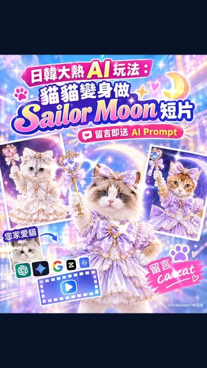 【日韓大熱 AI 玩法：貓貓變身做 Sailor Moon 短片，留言即送 AI Prompt】