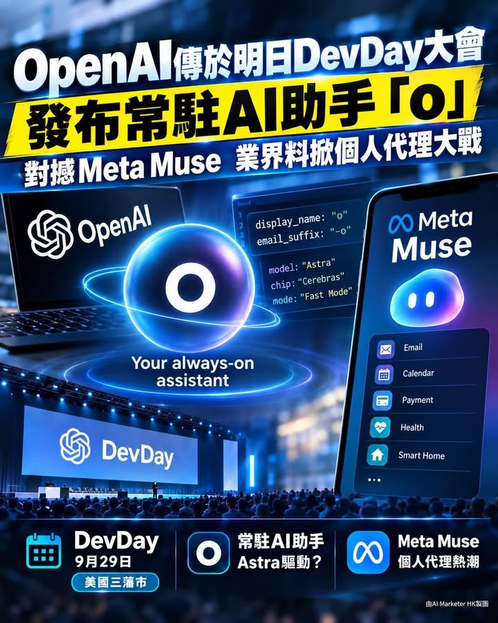 OpenAI傳明日DevDay發布 常駐AI助手「o」對撼Meta Muse　業界料掀個人代理大戰